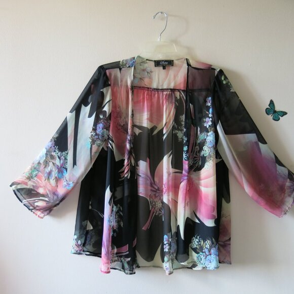 Vintage Status by Chenault Floral Roses Bohemian Chiffon Open Cardigan Sz. L - Picture 2 of 16